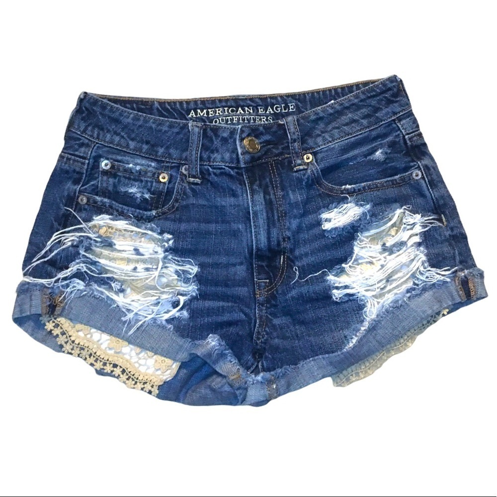 American Eagle Outfitters Hi-Rise Festival Denim Jean Shorts Women’s 2 Blue Lace